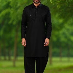 Men's Black Cotton Casual Pathani Kurta and Pyjama Set